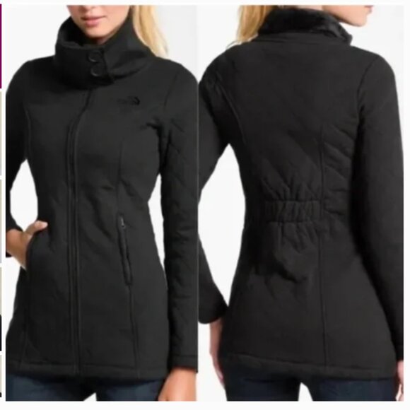The North Face Caroluna Quilted Fleece Longline Jacket Black **FLAWED - Picture 1 of 10